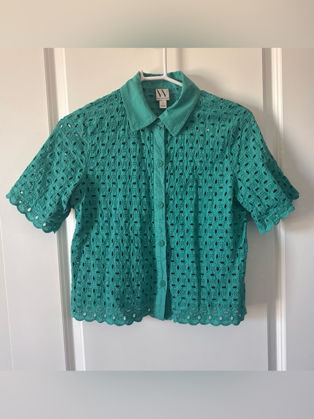 Worthington Teal Crochet Eyelet Button-Down Shirt